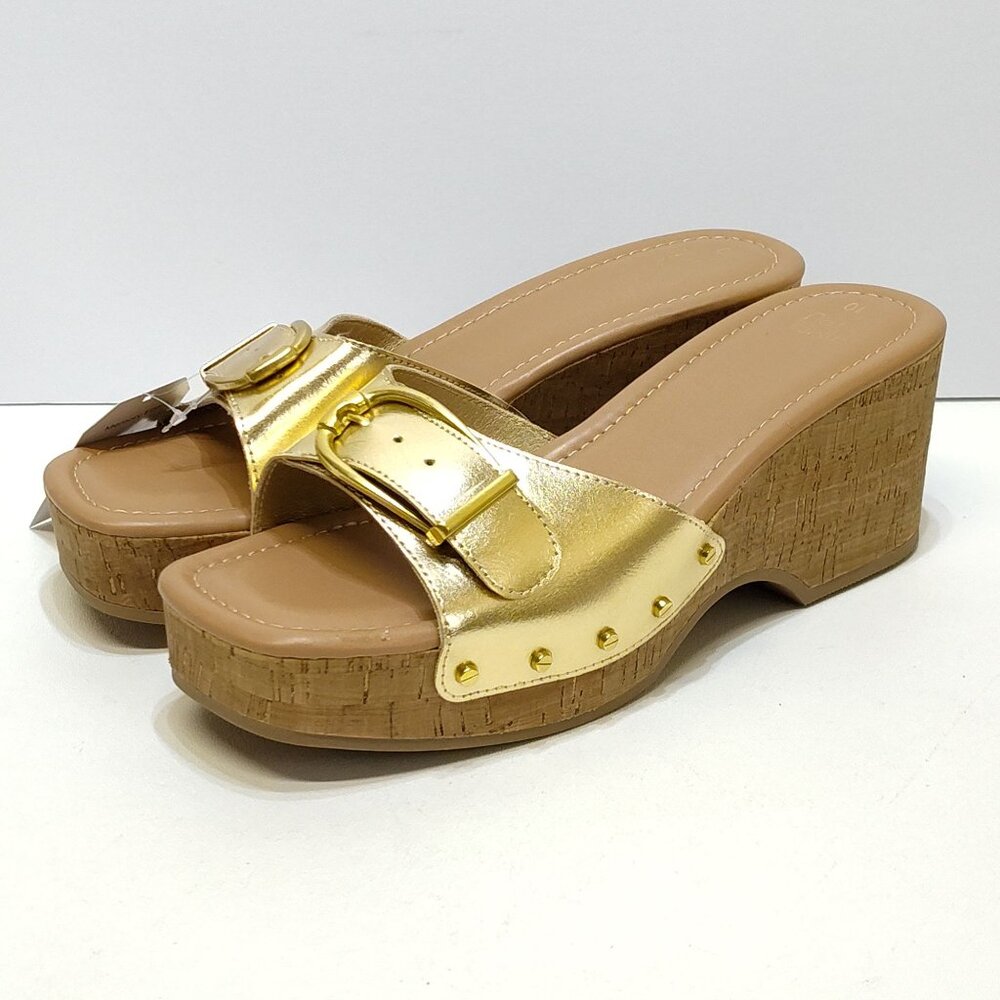 Time and Tru Gold Buckle Cork Wedge Platform Memory Foam Sandals Size 10 NWT